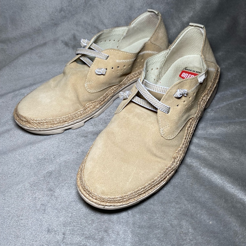 EUC OnFoot Silken Perforated Suede Sneaker Taupe Beige Tan